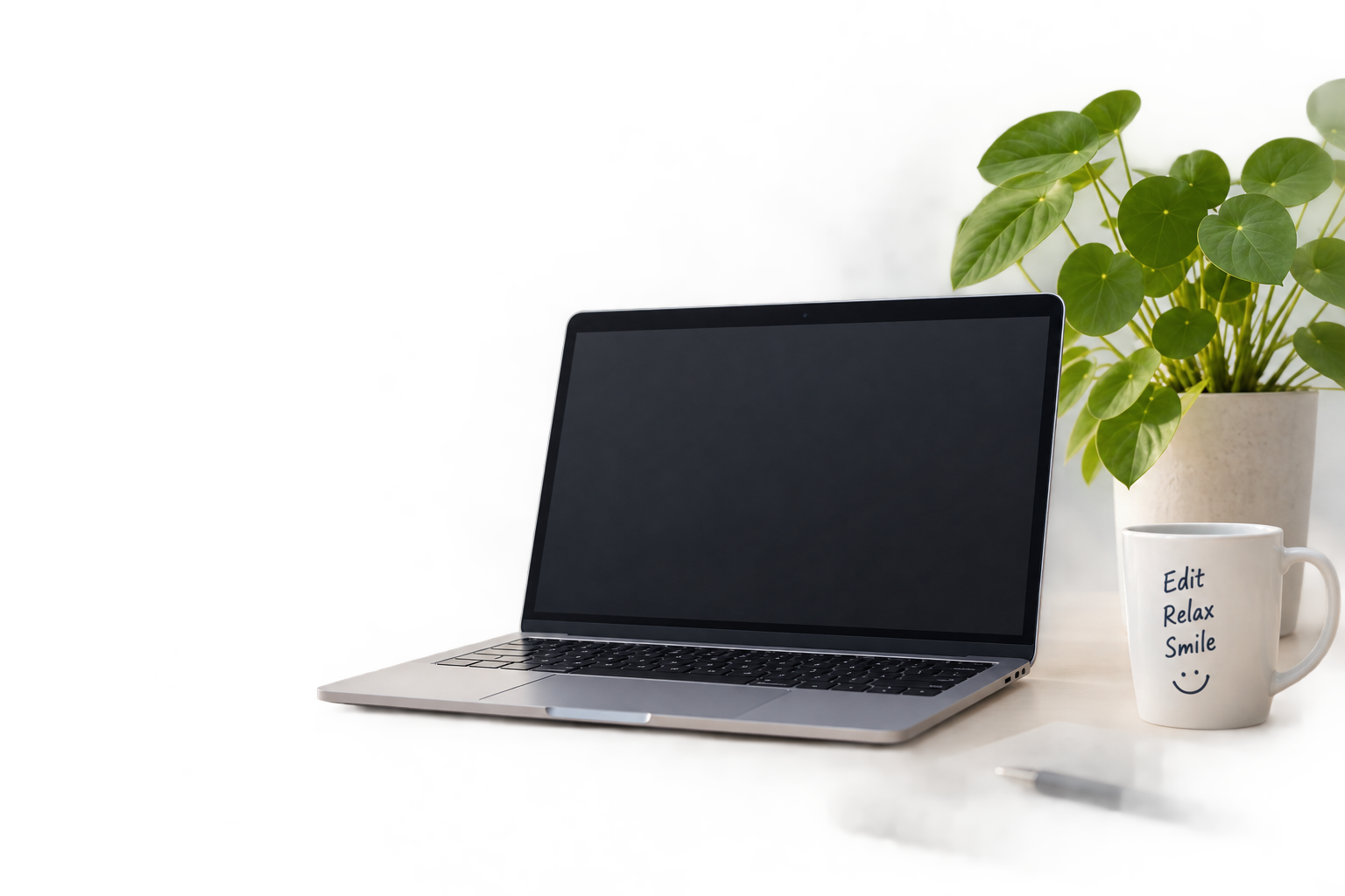 Laptop met plant en koffiemok